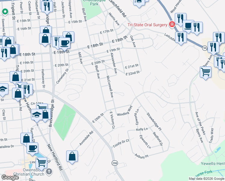 map of restaurants, bars, coffee shops, grocery stores, and more near 1709 East 24th Street in Owensboro