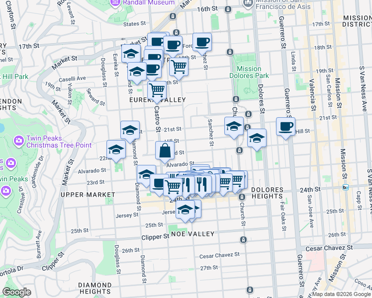 map of restaurants, bars, coffee shops, grocery stores, and more near Noe Street in San Francisco