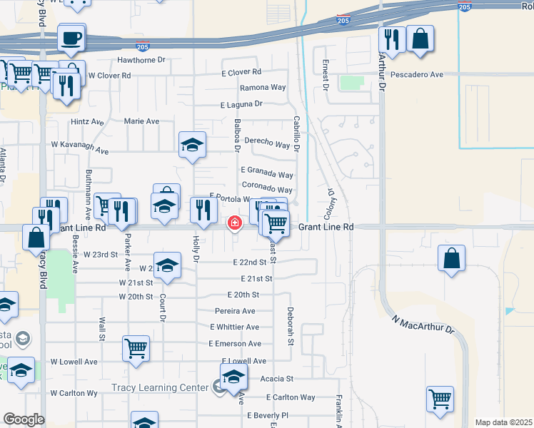 map of restaurants, bars, coffee shops, grocery stores, and more near 230 Portola Way in Tracy