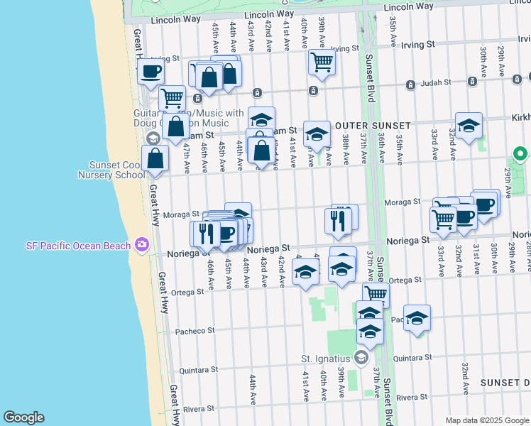 map of restaurants, bars, coffee shops, grocery stores, and more near 1700 43rd Avenue in San Francisco
