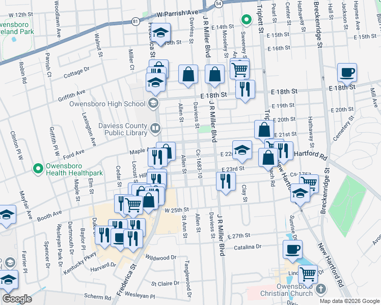 map of restaurants, bars, coffee shops, grocery stores, and more near 2101-2199 Allen St in Owensboro