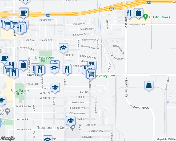 map of restaurants, bars, coffee shops, grocery stores, and more near 2501 Entrada Way in Tracy