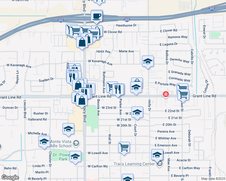 map of restaurants, bars, coffee shops, grocery stores, and more near 355 West Grant Line Road in Tracy