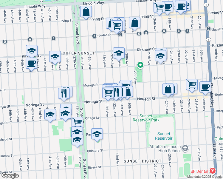 map of restaurants, bars, coffee shops, grocery stores, and more near 1731 32nd Avenue in San Francisco