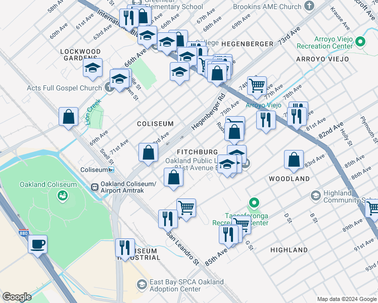 map of restaurants, bars, coffee shops, grocery stores, and more near 1047 76th Avenue in Oakland