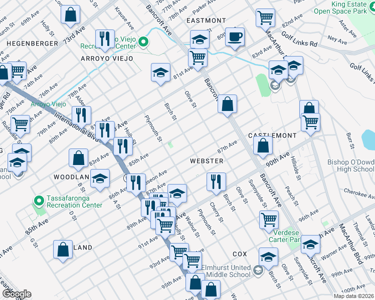 map of restaurants, bars, coffee shops, grocery stores, and more near 1760 86th Avenue in Oakland