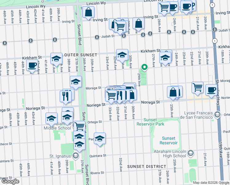 map of restaurants, bars, coffee shops, grocery stores, and more near 1731 32nd Avenue in San Francisco