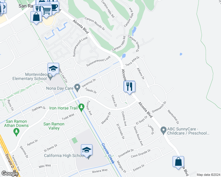 map of restaurants, bars, coffee shops, grocery stores, and more near 12203 Santa Teresa Drive in San Ramon