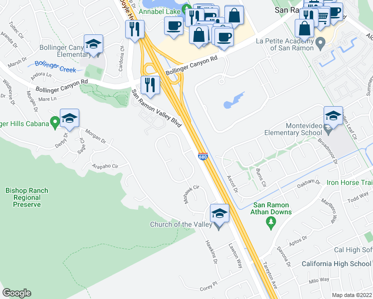 map of restaurants, bars, coffee shops, grocery stores, and more near 808 Barnwood Dr in San Ramon