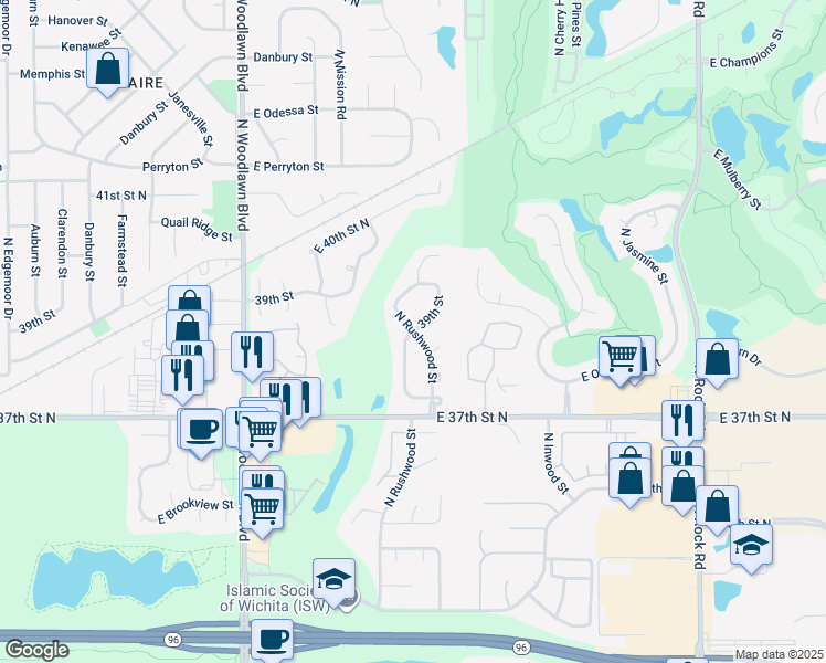 map of restaurants, bars, coffee shops, grocery stores, and more near 6901 39th Street in Wichita