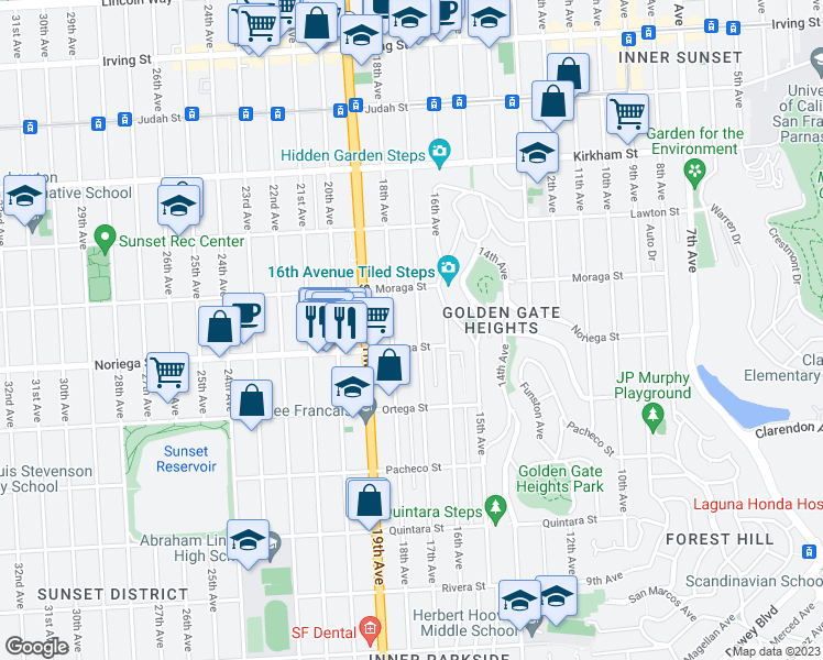 map of restaurants, bars, coffee shops, grocery stores, and more near 1771 17th Avenue in San Francisco