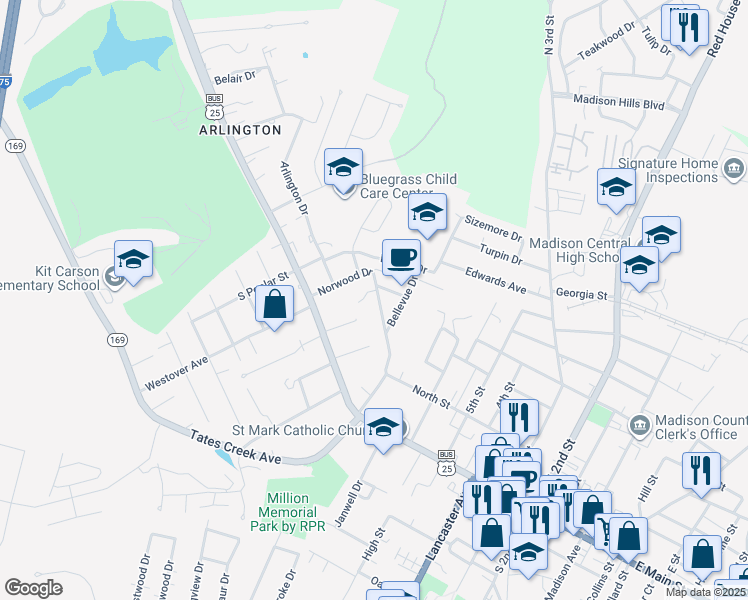 map of restaurants, bars, coffee shops, grocery stores, and more near 313 Norwood Drive in Richmond