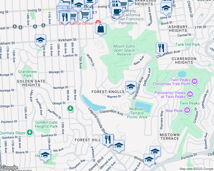 map of restaurants, bars, coffee shops, grocery stores, and more near 41 Lake Forest Court in San Francisco