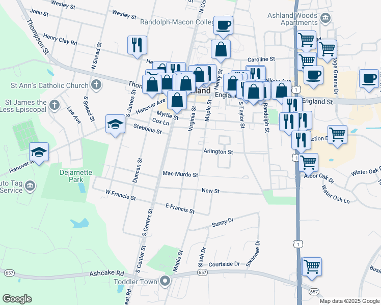 map of restaurants, bars, coffee shops, grocery stores, and more near 201 Arlington Street in Ashland