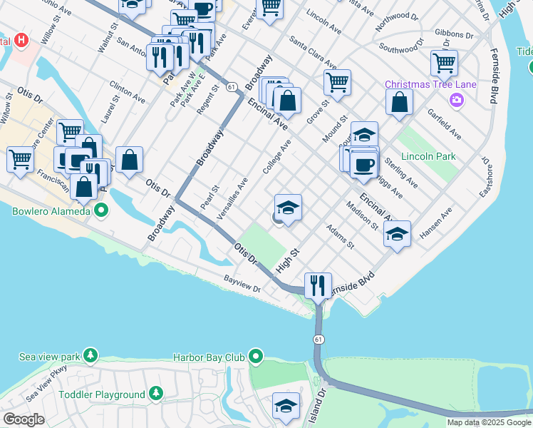 map of restaurants, bars, coffee shops, grocery stores, and more near 1016 Mound Street in Alameda