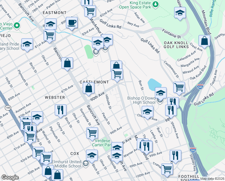 map of restaurants, bars, coffee shops, grocery stores, and more near in Oakland