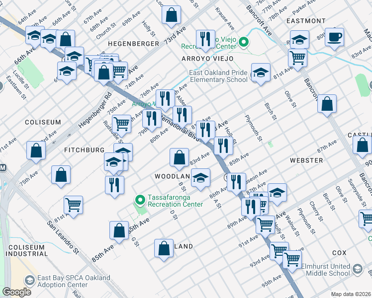 map of restaurants, bars, coffee shops, grocery stores, and more near 1279 82nd Avenue in Oakland