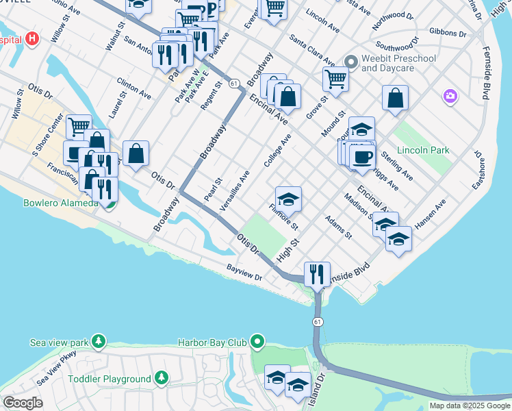 map of restaurants, bars, coffee shops, grocery stores, and more near 1016 Mound Street in Alameda