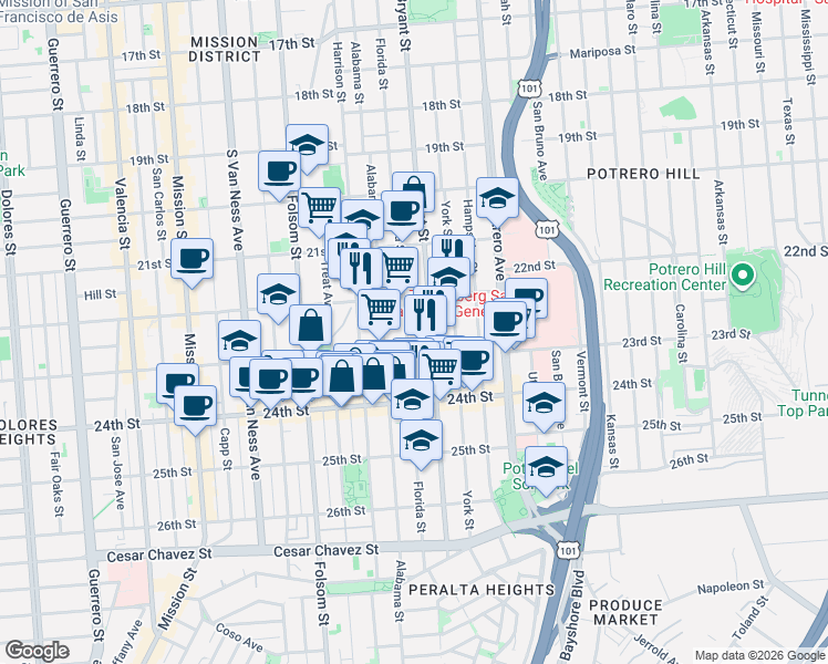 map of restaurants, bars, coffee shops, grocery stores, and more near 1058 Florida Street in San Francisco