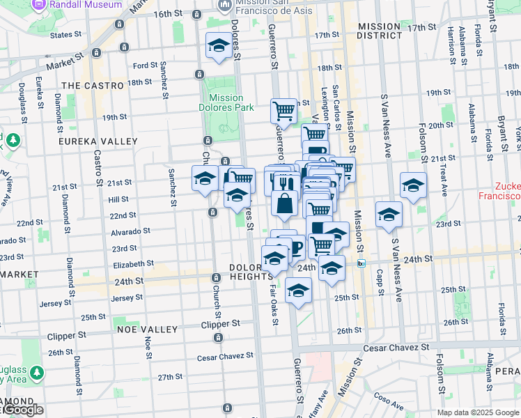 map of restaurants, bars, coffee shops, grocery stores, and more near 3433 22nd Street in San Francisco