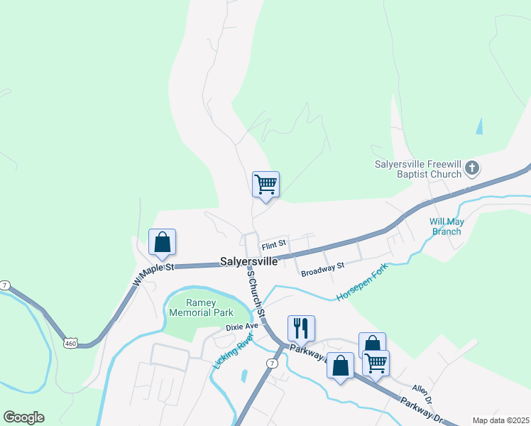 map of restaurants, bars, coffee shops, grocery stores, and more near 125 Scott Avenue in Salyersville