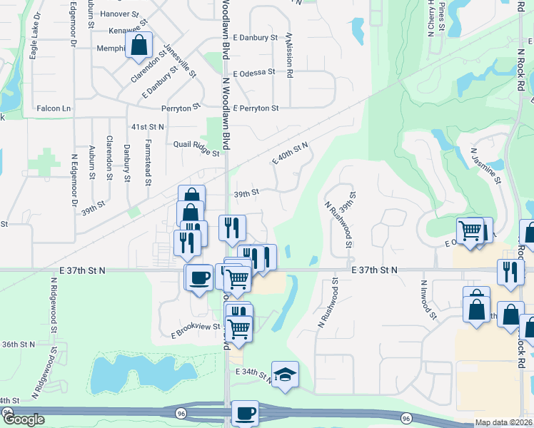 map of restaurants, bars, coffee shops, grocery stores, and more near 34 North Lansdown Street in Wichita