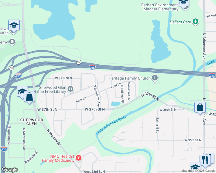 map of restaurants, bars, coffee shops, grocery stores, and more near 3951 Friar Lane in Wichita