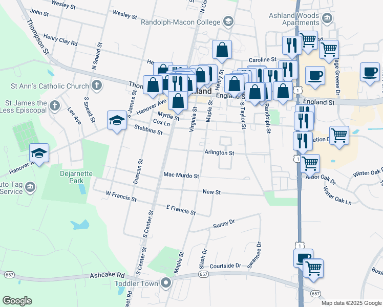 map of restaurants, bars, coffee shops, grocery stores, and more near 201 Arlington Street in Ashland
