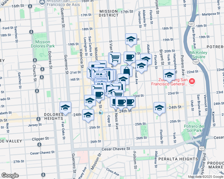 map of restaurants, bars, coffee shops, grocery stores, and more near 1136 South Van Ness Avenue in San Francisco