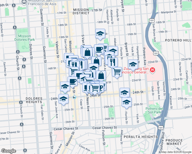 map of restaurants, bars, coffee shops, grocery stores, and more near 825 Shotwell Street in San Francisco