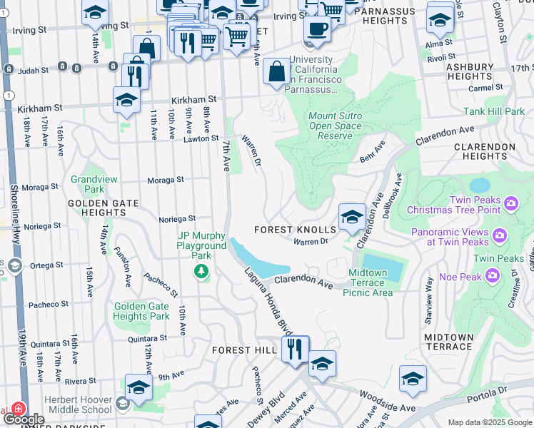 map of restaurants, bars, coffee shops, grocery stores, and more near 302 Warren Drive in San Francisco