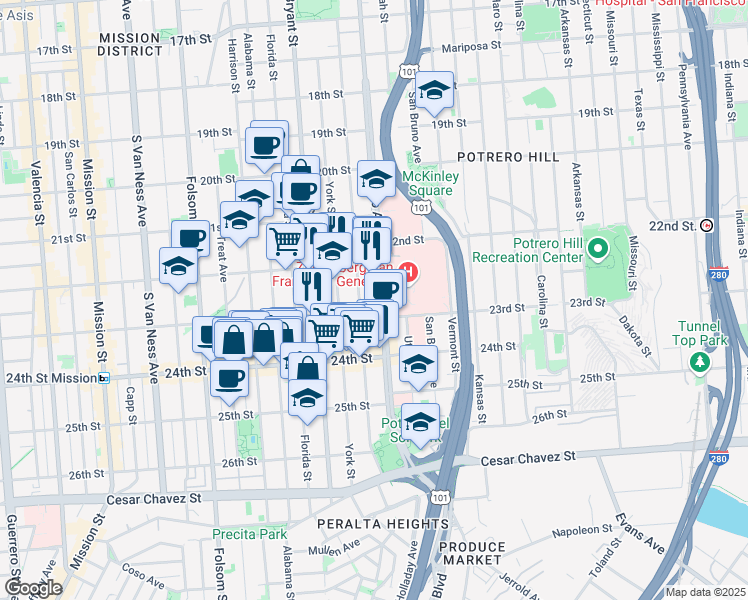 map of restaurants, bars, coffee shops, grocery stores, and more near 1078 Potrero Avenue in San Francisco