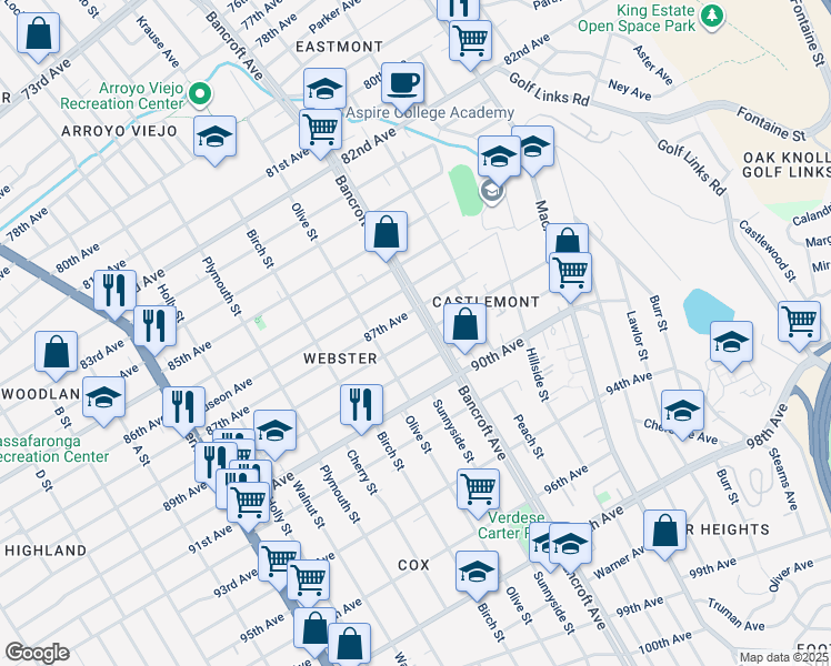 map of restaurants, bars, coffee shops, grocery stores, and more near 2129 88th Avenue in Oakland