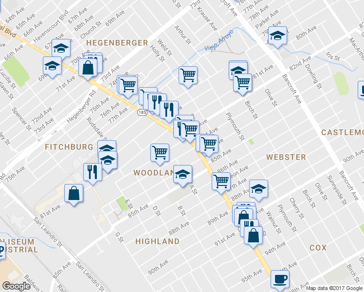 map of restaurants, bars, coffee shops, grocery stores, and more near 1344 82nd Avenue in Oakland