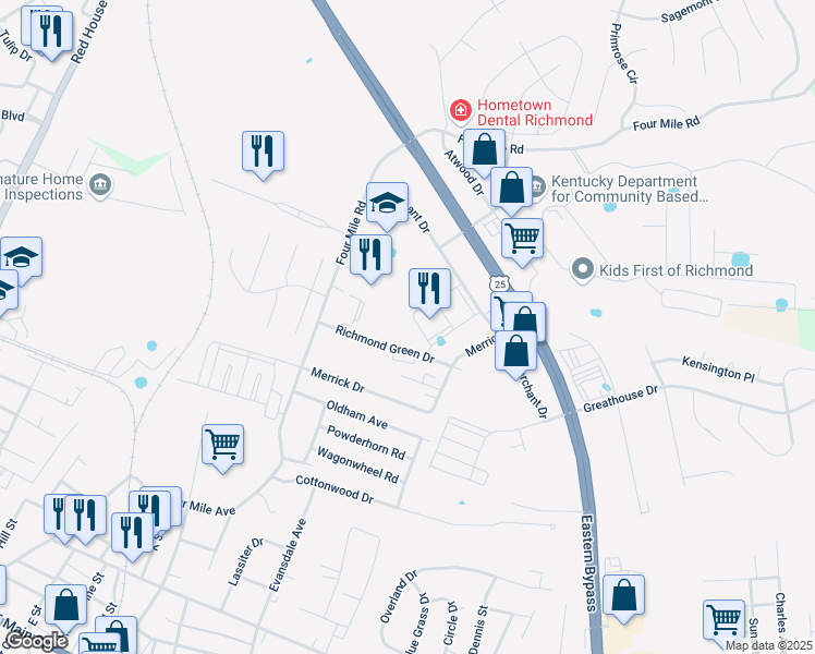 map of restaurants, bars, coffee shops, grocery stores, and more near 1117 Richmond Green Drive in Richmond