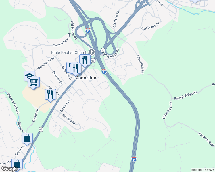 map of restaurants, bars, coffee shops, grocery stores, and more near 156 Stratford Street in Beckley