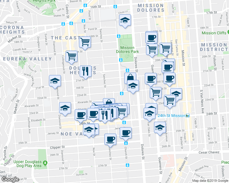 map of restaurants, bars, coffee shops, grocery stores, and more near 3630 22nd Street in San Francisco
