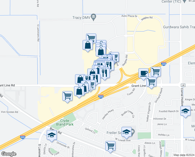 map of restaurants, bars, coffee shops, grocery stores, and more near 2615 West Grant Line Road in Tracy