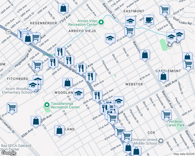 map of restaurants, bars, coffee shops, grocery stores, and more near 1468 84th Avenue in Oakland