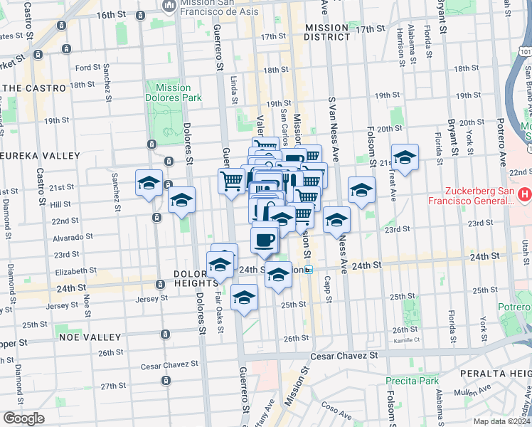map of restaurants, bars, coffee shops, grocery stores, and more near 1118 Valencia Street in San Francisco
