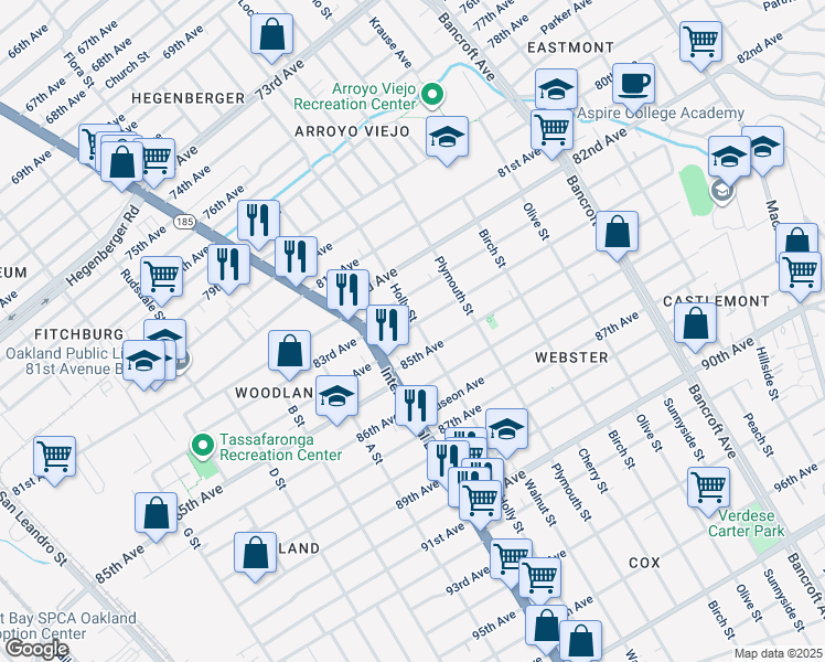 map of restaurants, bars, coffee shops, grocery stores, and more near 1460 84th Avenue in Oakland