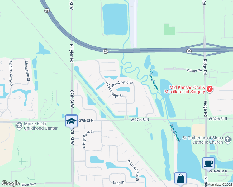 map of restaurants, bars, coffee shops, grocery stores, and more near 3926 North Lake Ridge Street in Wichita