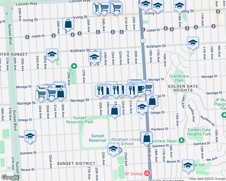 map of restaurants, bars, coffee shops, grocery stores, and more near 1751 23rd Avenue in San Francisco