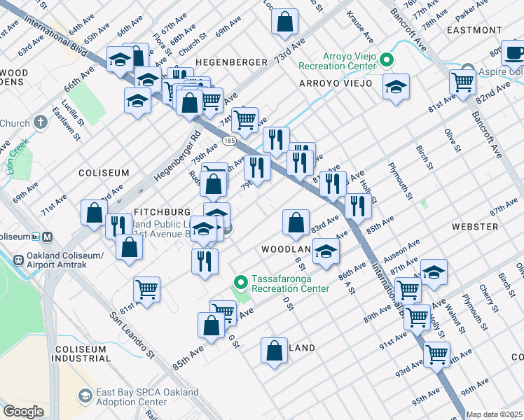 map of restaurants, bars, coffee shops, grocery stores, and more near 8021 B Street in Oakland