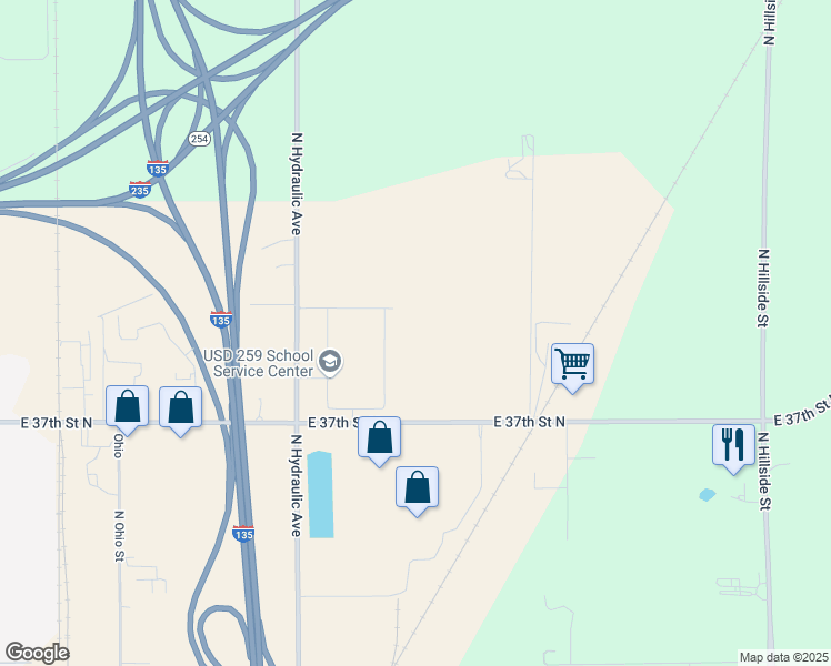 map of restaurants, bars, coffee shops, grocery stores, and more near 3850 North Hydraulic Street in Wichita