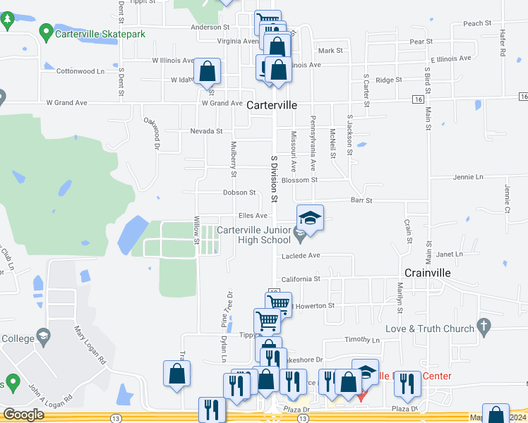 map of restaurants, bars, coffee shops, grocery stores, and more near 118 Elles Avenue in Carterville