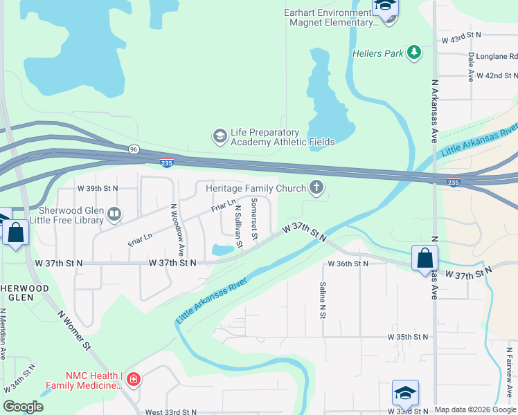 map of restaurants, bars, coffee shops, grocery stores, and more near 3928 North Somerset Street in Wichita