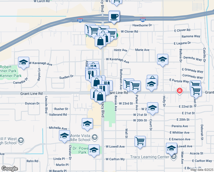 map of restaurants, bars, coffee shops, grocery stores, and more near 2480 North Tracy Boulevard in Tracy