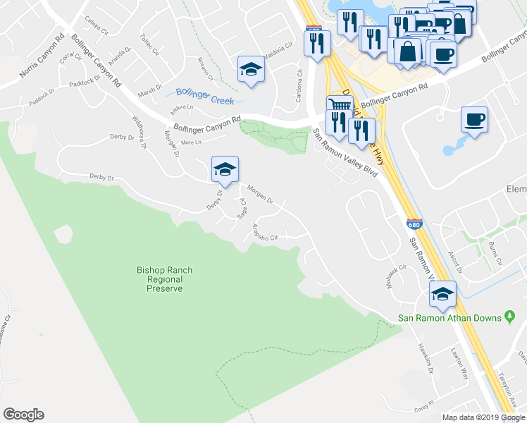 map of restaurants, bars, coffee shops, grocery stores, and more near 110 Arapaho Circle in San Ramon
