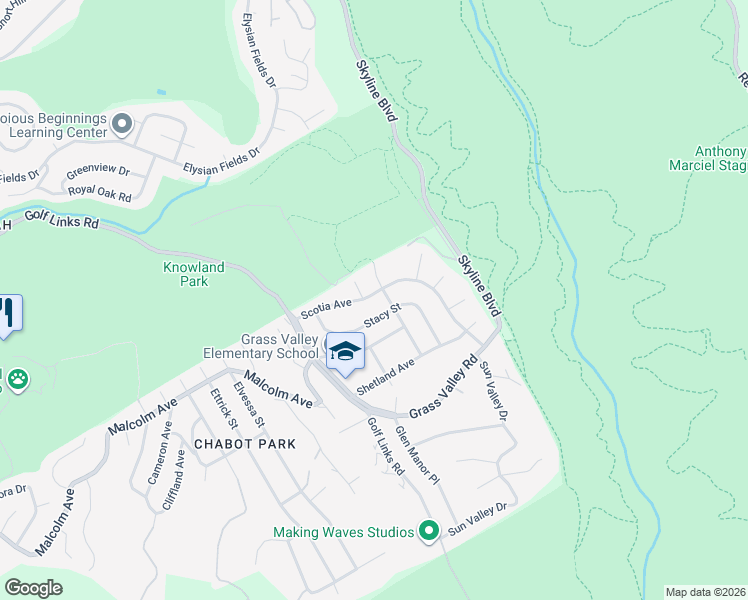 map of restaurants, bars, coffee shops, grocery stores, and more near 4850 Scotia Avenue in Oakland